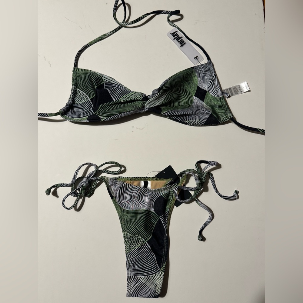 Forplay Women's Bikini Set Black Wave Palm Print Skimpy Thong